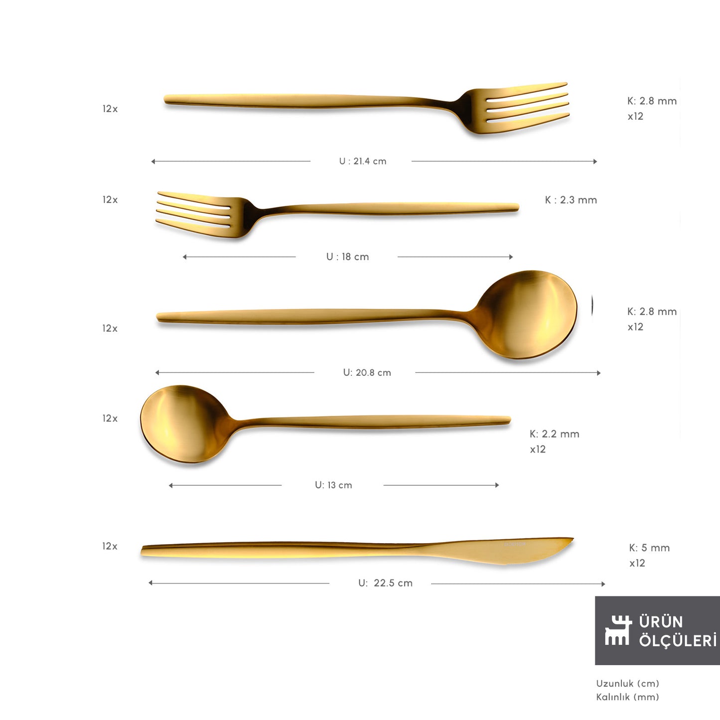 Karaca Orion Mat Gold 12-Person 60-Piece Fork Spoon Knife Set
