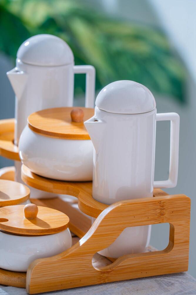 Pamira 6-Piece Porcelain Oil, Vinegar, and Spice Set – With Bamboo Stand