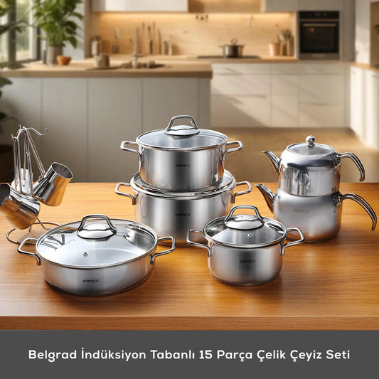 Karaca Belgrad 15 Piece Steel Dowry Set – Induction Based Pot, Teapot and Coffee Pot Set