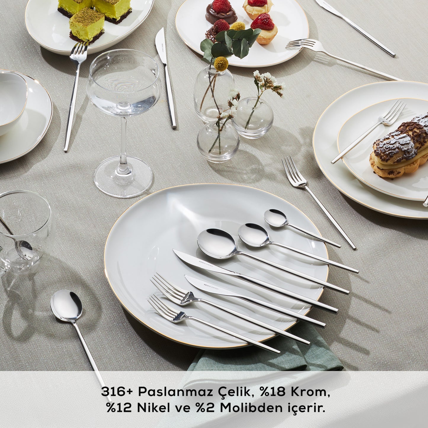 Karaca 316 Premium Mild Platinum 12-Person 84-Piece Fork Spoon Knife Set