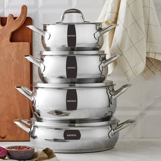 Karaca Etiler 8 Piece Steel Cookware Set – Induction Compatible, Glass Lidded, Capsule Bottomed