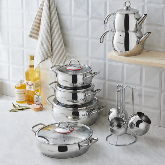 Karaca Aida 15 Piece Steel Dowry Set – Pot, Teapot and Coffee Pot Set, Induction Compatible