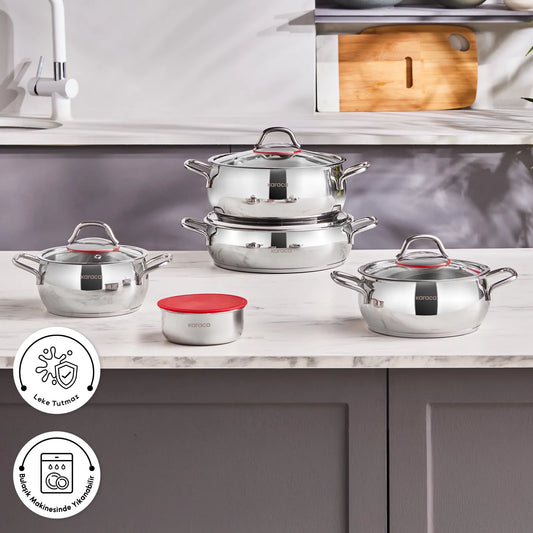 Karaca Emirgan XL 10 Piece Steel Cookware Set – With Storage Lid, Glass Lid, Compatible with Induction and Oven