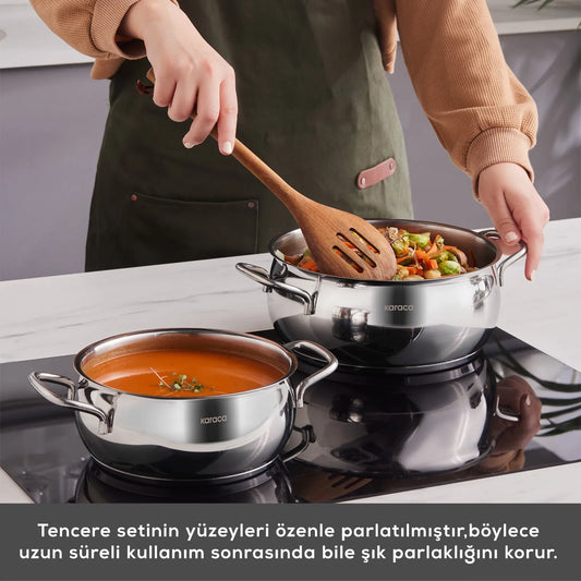 Karaca Emirgan XL 10 Piece Steel Cookware Set – With Storage Lid, Glass Lid, Compatible with Induction and Oven