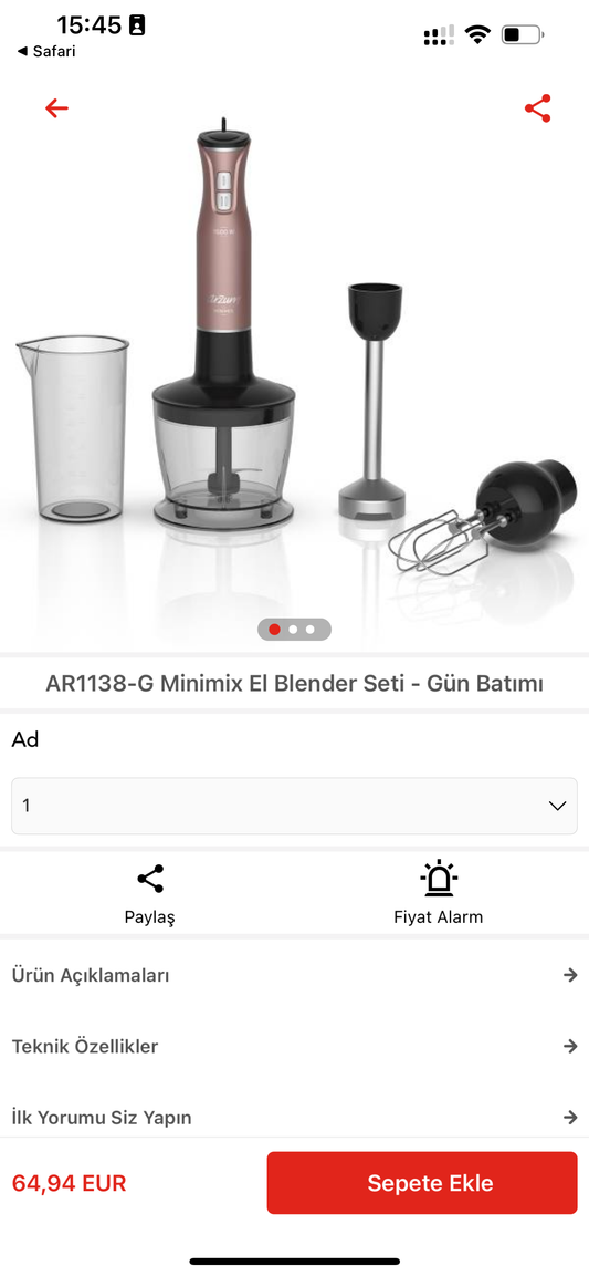 Arzum AR1138-G Minimix Hand Blender Set – 1500W