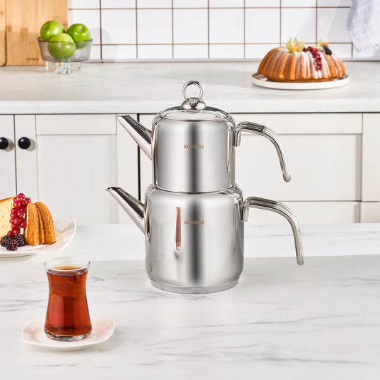 Karaca New Mani Stainless Steel Teapot Set 1 Liter Teapot 2 Liter Water Boiler