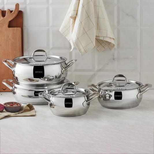 Karaca Etiler 8 Piece Steel Cookware Set – Induction Compatible, Glass Lidded, Capsule Bottomed