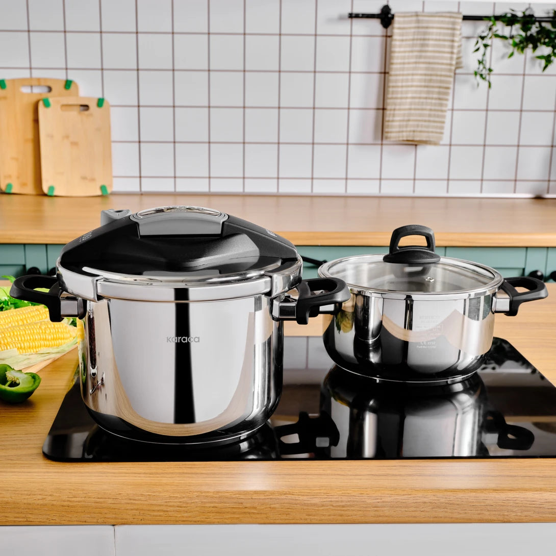 Karaca Perfect Gray Steel Pressure Cooker – 4 L + 6 L Double Lid Set