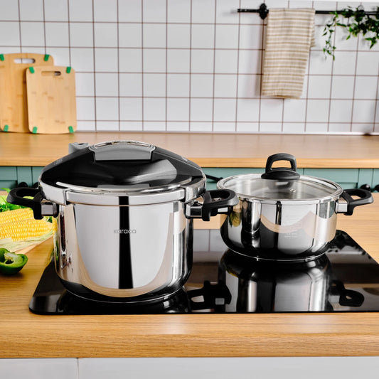 Karaca Perfect Gray Steel Pressure Cooker – 4 L + 6 L Double Lid Set