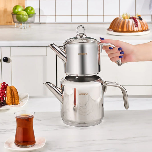 Karaca New Mani Stainless Steel Teapot Set 1 Liter Teapot 2 Liter Water Boiler