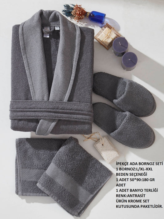 İpekçe Ada Anthracite Single Bathrobe Set