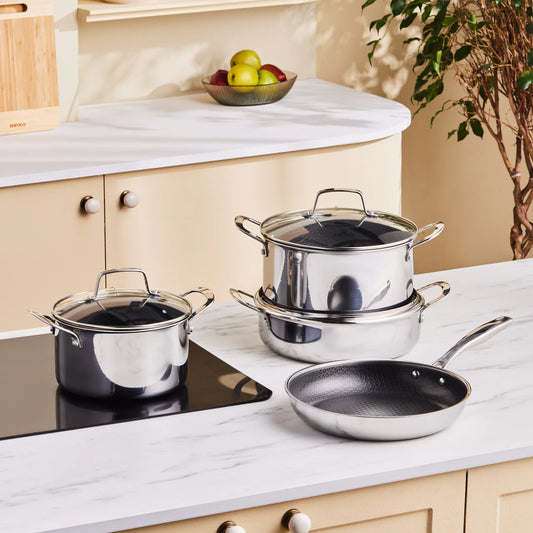 Karaca Ceramica Steel 3-Ply Stainless Steel Pot Set – Ceramic Coating, Stainless Steel, Induction Compatible, 8 Pieces
