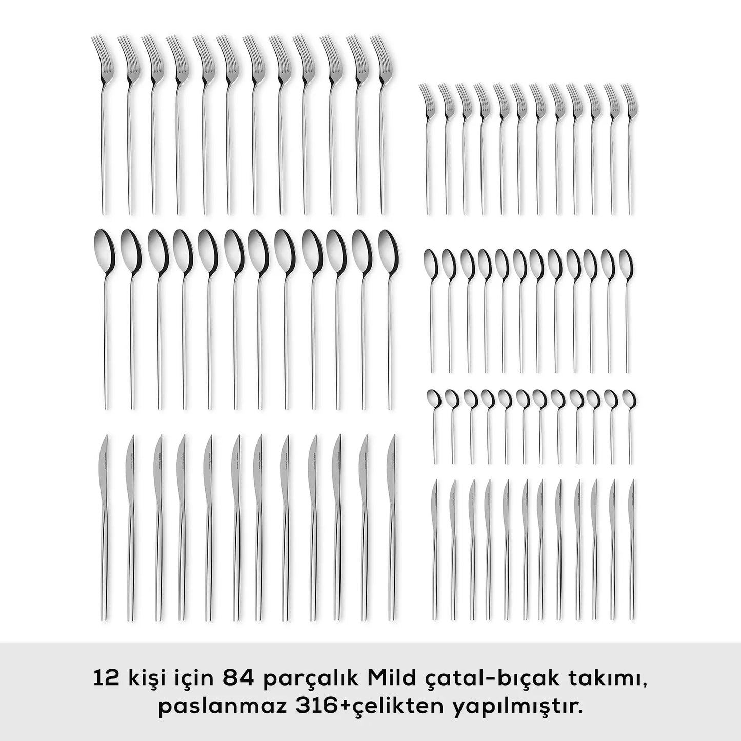 Karaca 316 Premium Mild Platinum 12-Person 84-Piece Fork Spoon Knife Set