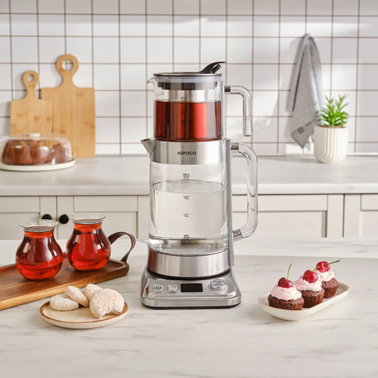 Karaca Refika XL Glass Tea Machine Chrome – 2.8 Lt Family Size, Eco Mode, Keep Warm Feature