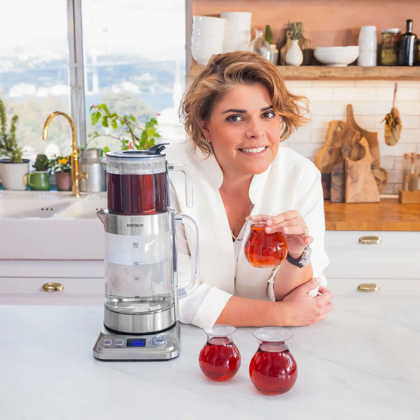 Karaca Refika XL glazen theemaker chroom – 2.8 Lt familieformaat, eco-modus, warmhoudfunctie