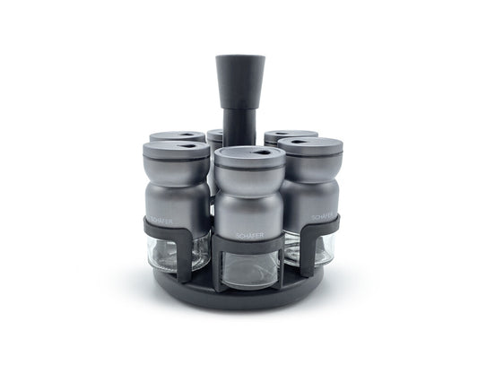 6-Piece Glass Spice Jar Set with Rotating Head – Chrome Stand, 3-Level Lid