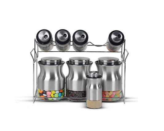 8-piece Spice and Storage Jar Set – 125 ml & 380 ml, Chrome Stand, Airtight Lidded