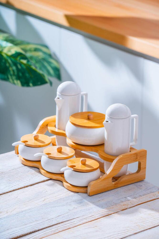 Pamira 6-Piece Porcelain Oil, Vinegar, and Spice Set – With Bamboo Stand