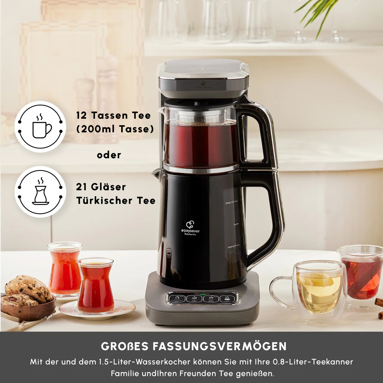 Karaca Robotea Pro 4 in 1 Talking Automatic Tea Machine Water Heater and Filter Coffee Brewing Machine 2500W Space Gray
