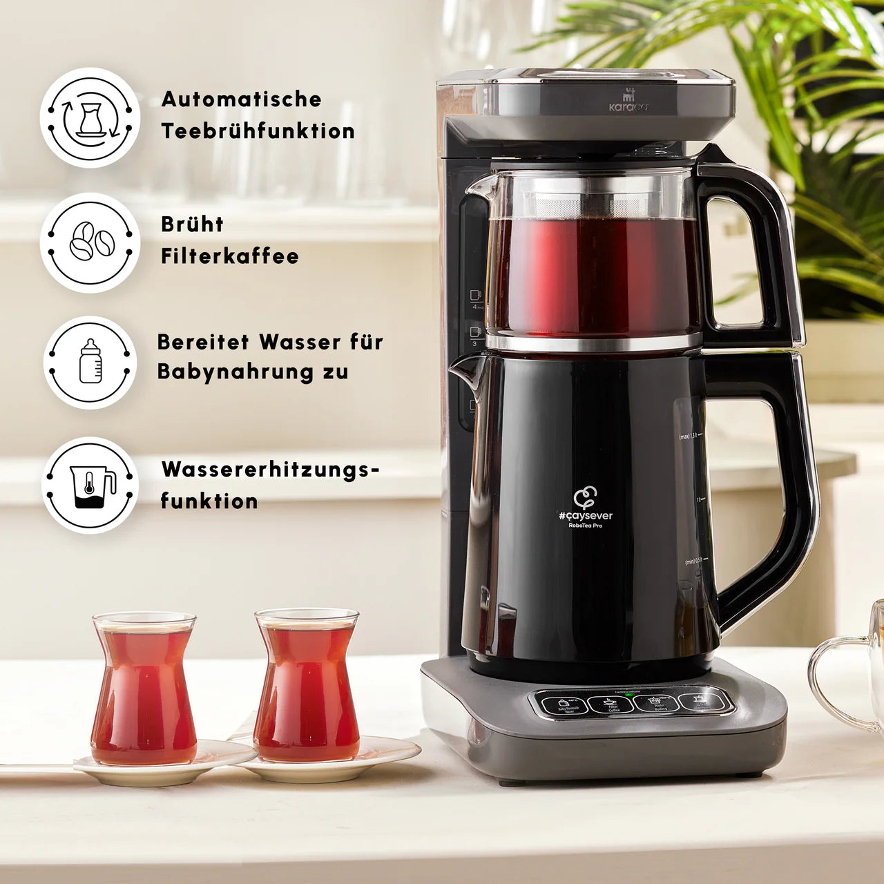 Karaca Robotea Pro 4 in 1 Talking Automatic Tea Machine Water Heater and Filter Coffee Brewing Machine 2500W Space Gray