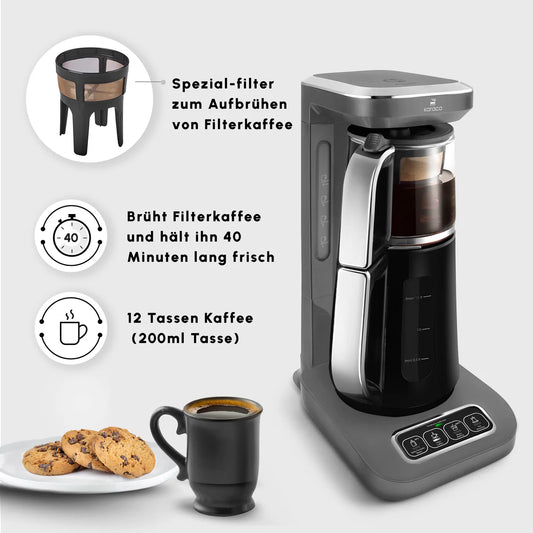 Karaca Robotea Pro 4 in 1 Talking Automatic Tea Machine Water Heater and Filter Coffee Brewing Machine 2500W Space Gray